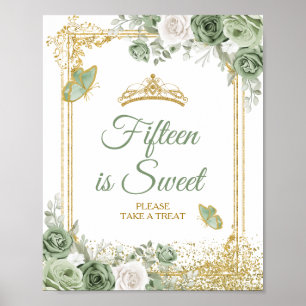 Affiche Gold Quinceañera Sage Green Crown 15e est doux