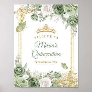 Affiche Gold Quinceañera Sage Green Crown Bienvenue