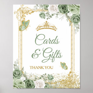 Affiche Gold Quinceañera Sage Green Crown Cartes et cadeau