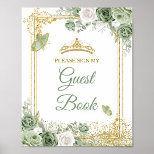 Affiche Gold Quinceañera Sage Green Crown Livre d'invité