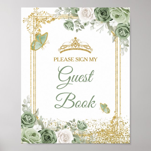 Affiche Gold Quinceañera Sage Green Crown Livre d'invité (Devant)