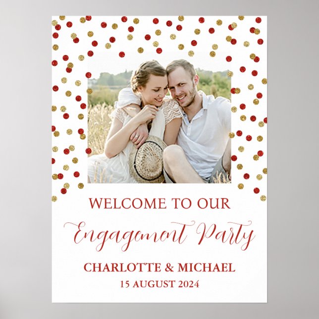 Affiche Gold Red Engagement Party Personnalisé 18x24 Photo (Devant)