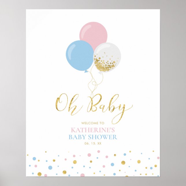 Affiche Gold Rose Bleu Baby shower de révélation de genre  (Devant)