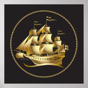 Affiche Gold Sailboat Nautical
