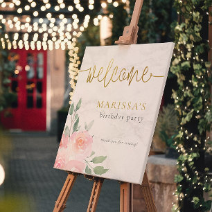 Affiche Gold Script peint Floral fête d'anniversaire Bienv