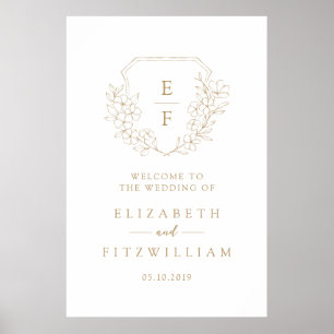 Affiche Gold Simple Cherry Blossom Monogram Crest Bienvenu