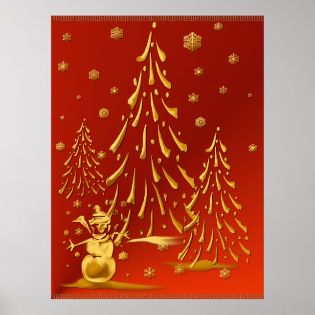 Affiche Gold Snowman et Christmas Tree Print (Devant)