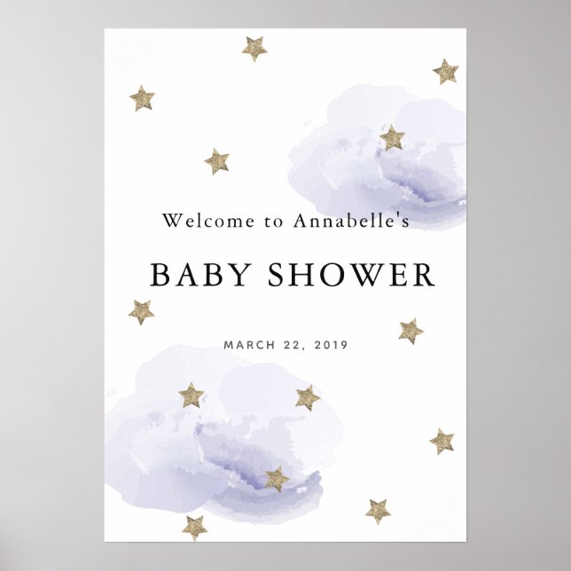 Affiche Gold Star Lavender Clouds Baby Shower Welcome Sign (Devant)