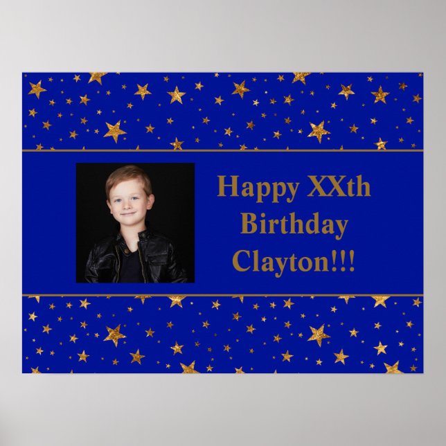 Affiche Gold Stars Avec Photo Message Sur Blue Birthday (Devant)