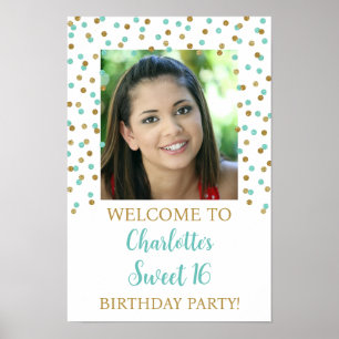 Affiche Gold turquois Sweet 16 Anniversaire Personnalisé 1