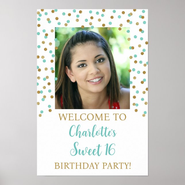 Affiche Gold turquois Sweet 16 Anniversaire Personnalisé 1 (Devant)