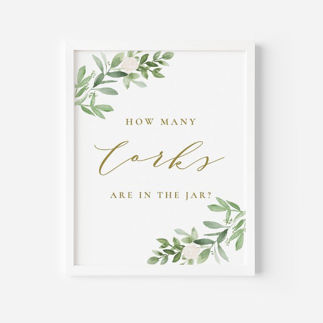 Affiche Gold verdure Combien de lièges sont dans le jeu Ja (Greenery Cork Guessing Game Sign | Watercolor Corks in a Jar Game for Showers and Parties)