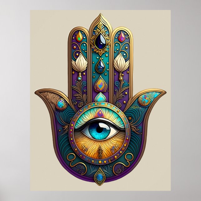 Affiche Gold Violet Teal Hamsa w/ Turquoise Third Eye (Devant)