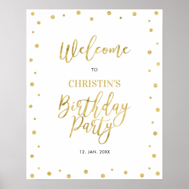 Affiche Gold & White Confetti Adulte fête d'anniversaire B (Devant)