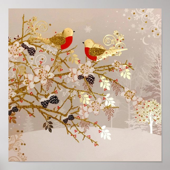 Affiche Gold Winter Snow Birds Country Christmas (Devant)