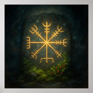 Affiche Golden AEgishjálmur - Norse Protection Sigil en En