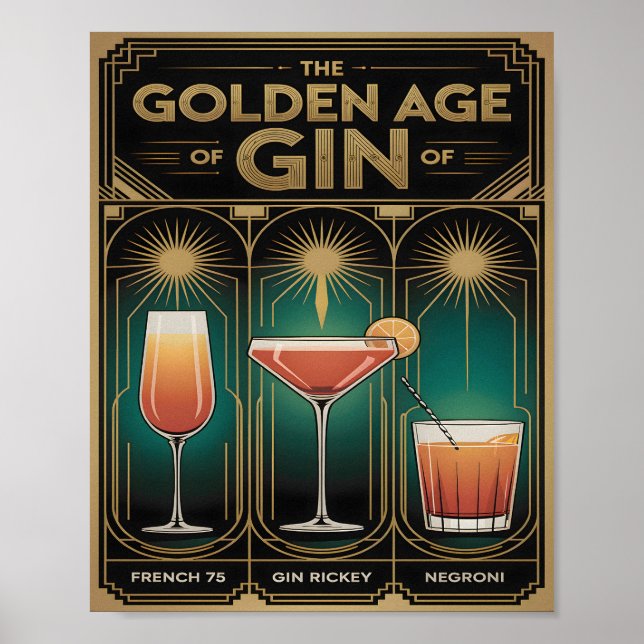 Affiche Golden Age of Gin Cocktails Art Deco Bar (Devant)