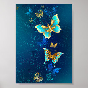 Affiche Golden Butterflies on a Blue Background