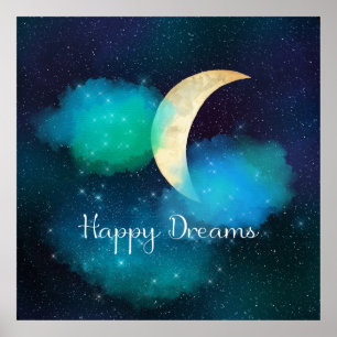 Affiche Golden Crescent Moon Starry Sky Happy Dreams