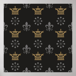 Affiche Golden Crowns On Black Wallpaper, seamless pattern