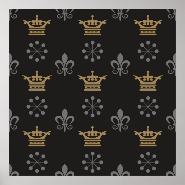 Affiche Golden Crowns On Black Wallpaper, seamless pattern (Devant)