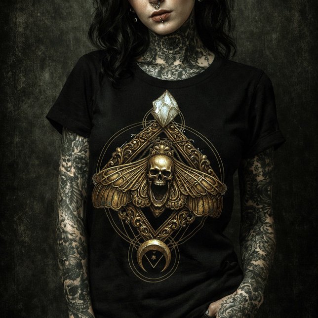 Affiche Golden Death Head Moth Skull | Mystical Insect (Diseño gótico de polilla con cráneo central, ornamentos geométricos, cristal superior)