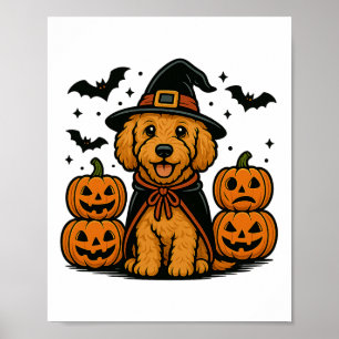 Affiche Golden Doodle Halloween sorcière chauves-souris Ci