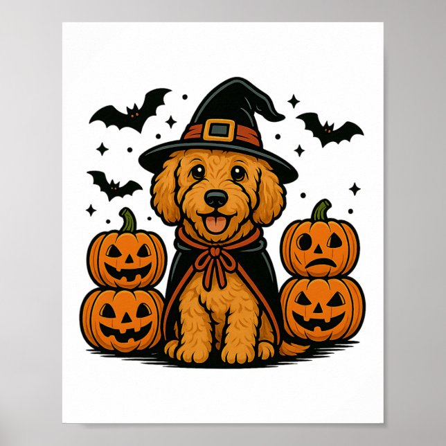 Affiche Golden Doodle Halloween sorcière chauves-souris Ci (Devant)