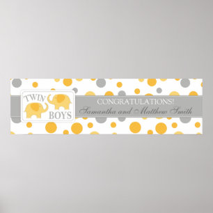 Affiche Golden Dots & Elephants Twins Baby shower Bannière