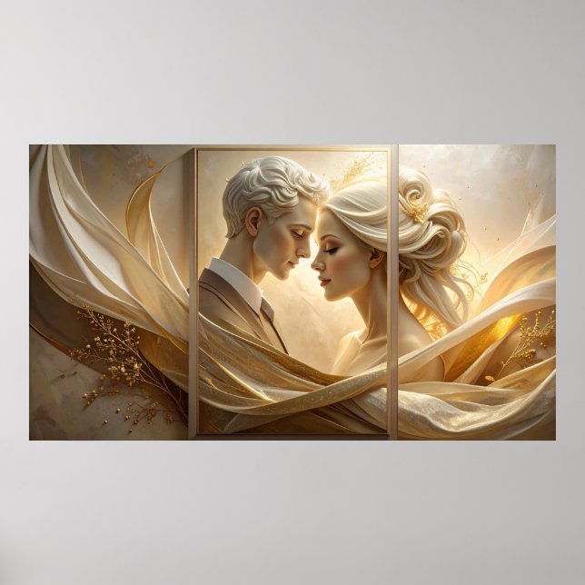 Affiche Golden Embrace: Ethereal Couple Portrait in Silk a (Devant)