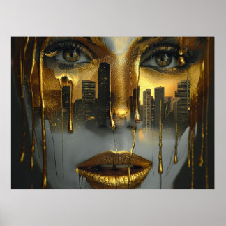 Affiche Golden Face Surrealist City Urban Digital Art