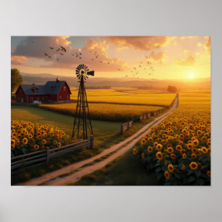 Affiche Golden Fields: Sunflowers and Serenity at Sunset