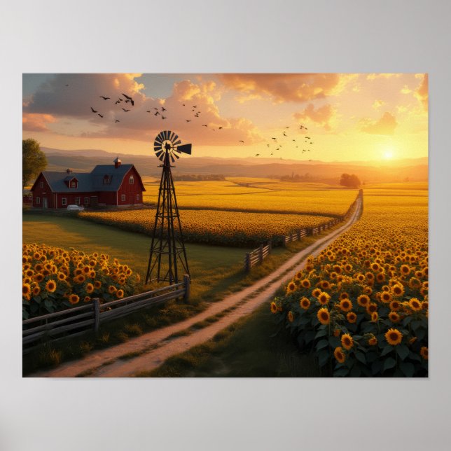 Affiche Golden Fields: Sunflowers and Serenity at Sunset (Devant)