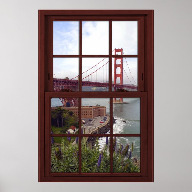 Affiche Golden Gate Bridge Faux Cherry Wood Window (Devant)