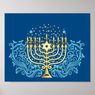 Affiche Golden menorah Hanoukka fête de la lumière