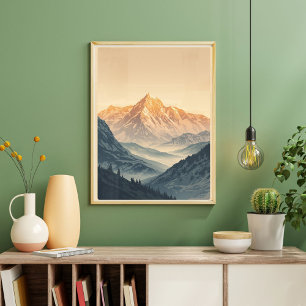 Affiche Golden Peaks – Lever de soleil alpin vintage pour
