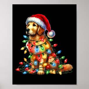 Affiche Golden Retriers lumières de Noël Santa Hat Chien L