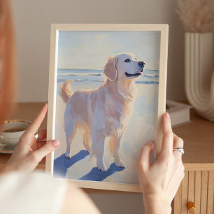 Affiche Golden Retriever at the Beach Coastal Art Imprimer