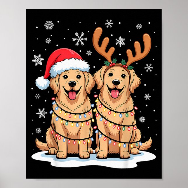 Affiche Golden Retriever Christmas Santa Hat Reindeer Ligh (Devant)
