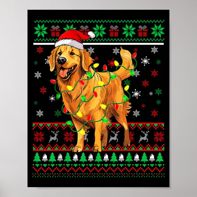 Affiche Golden Retriever Christmas Santa Hat Tree Lights P (Devant)