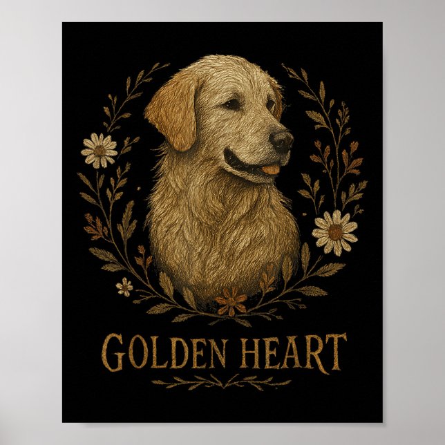 Affiche Golden Retriever Cool brodé Floral Boho Chien (Devant)