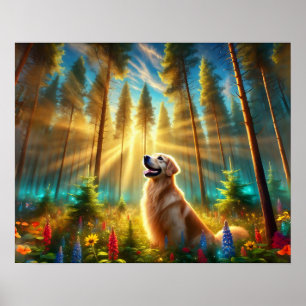 Affiche Golden Retriever dans la forêt enchantée
