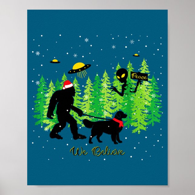 Affiche Golden Retriever Funny Bigfoot Christmas Alien Ufo (Devant)