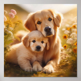 Affiche Golden Retriever maman et son chiot