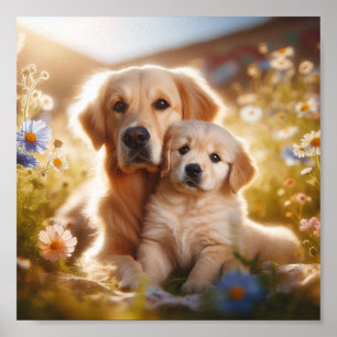 Affiche Golden Retriever maman et son chiot
