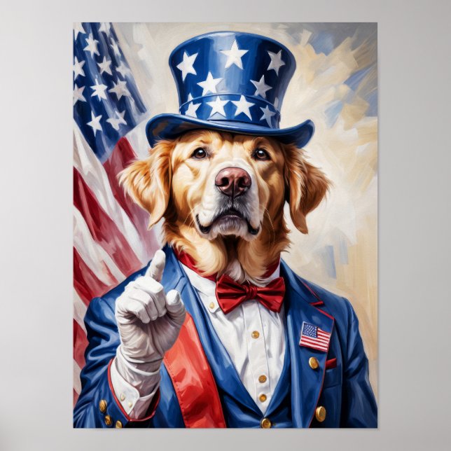 Affiche Golden Retriever patriotique en pose d'Oncle Sam (Devant)