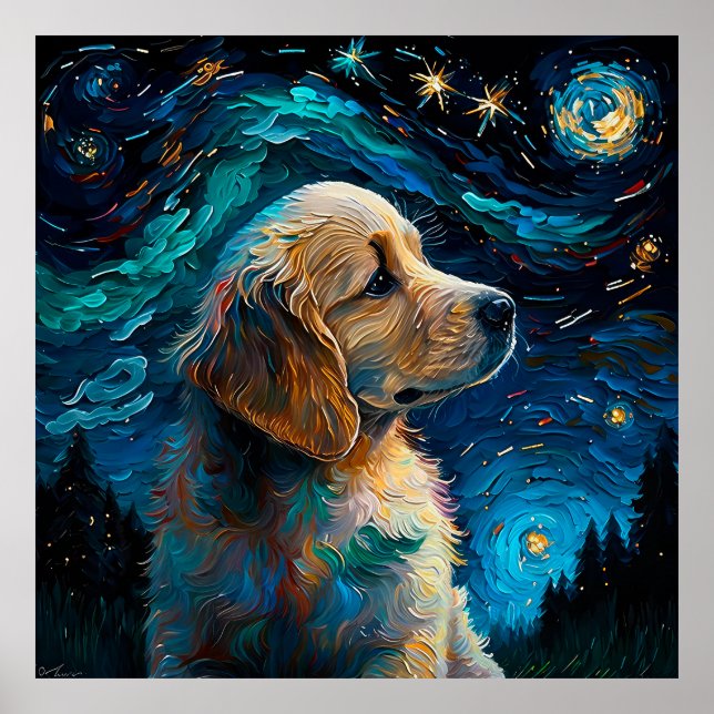 Affiche Golden Retriever Puppy Stress Nuit Van Gogh Style (Devant)