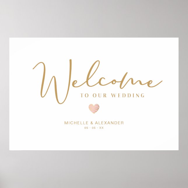 Affiche Golden Whimsical Bienvenue invités Mariage Coeur r (Devant)