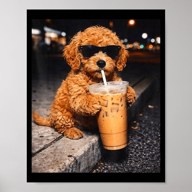 Affiche Goldendoodle buvant du café glacé mème animal drôl (Devant)