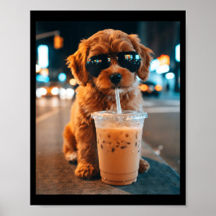Affiche Goldendoodle drôle buvant du café glacé animal